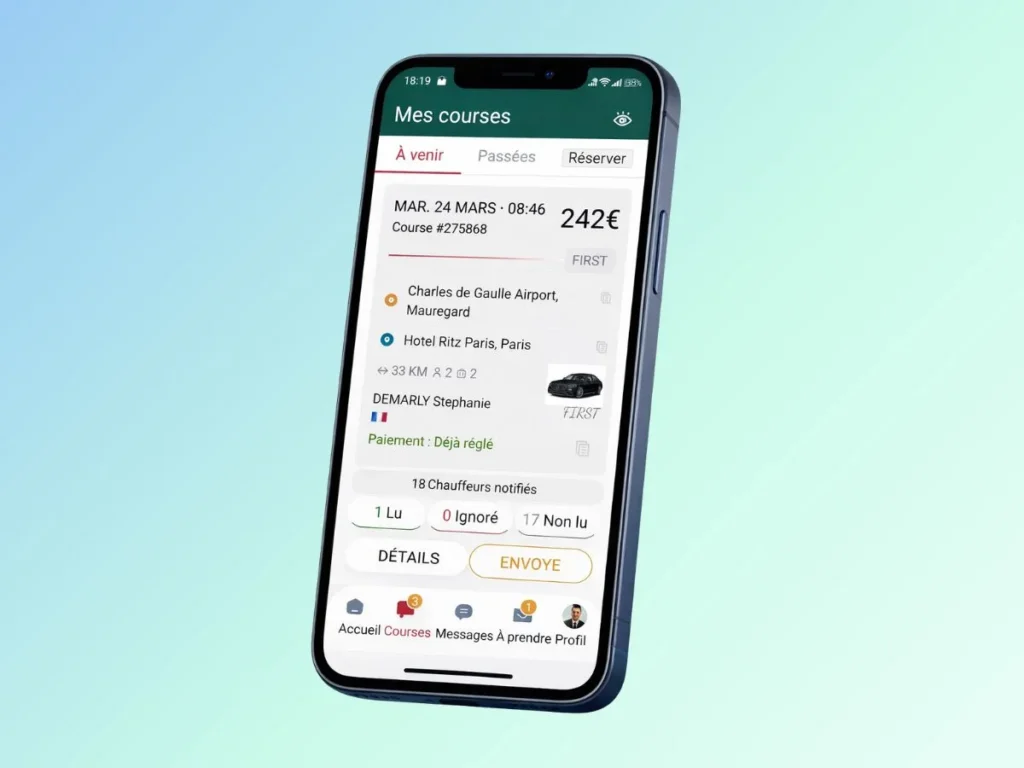 Application chauffeur Taxi - VTC Driver Connect affichant les courses à venir