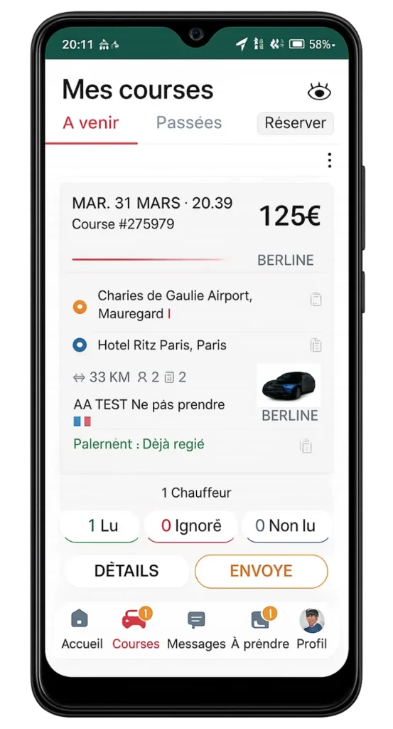 Écran Mes courses de l’application chauffeur Taxi - VTC Driver Connect
