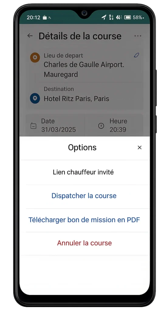 Options de gestion d’une course dans l’application chauffeur Driver Connect