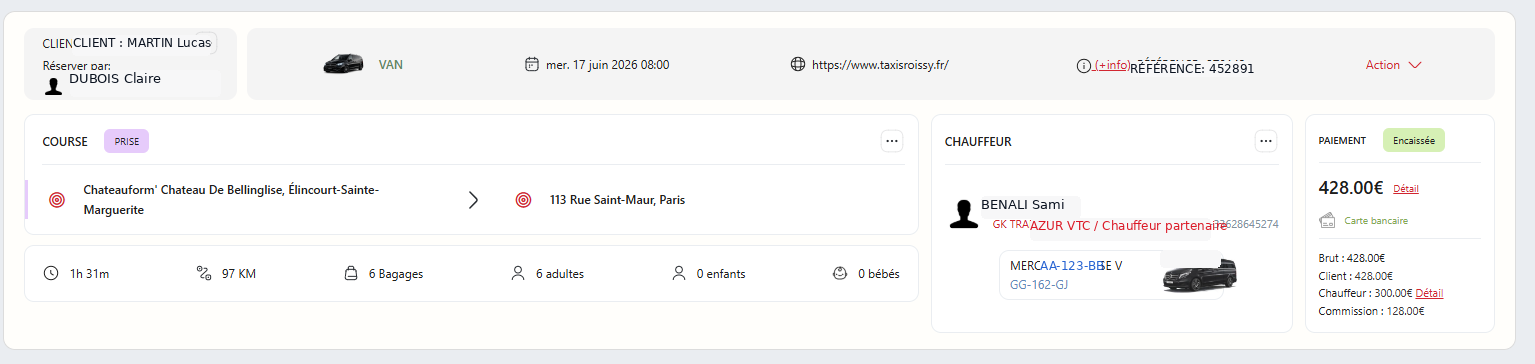 Fiche course Driver Connect anonymisée avec client, chauffeur, paiement, dispatch et actions de réservation