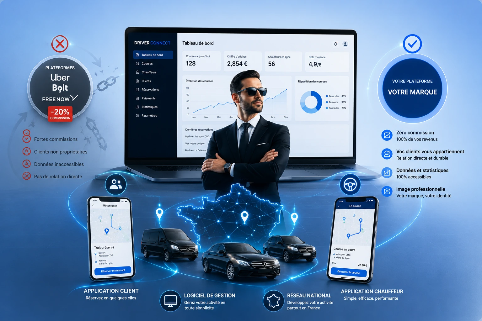 Plateforme Taxi VTC indépendante Driver Connect avec logiciel de gestion, application client, application chauffeur et réseau national