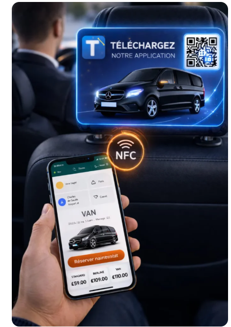 Application Taxi - VTC Driver Connect affichée dans un véhicule avec QR code de téléchargement