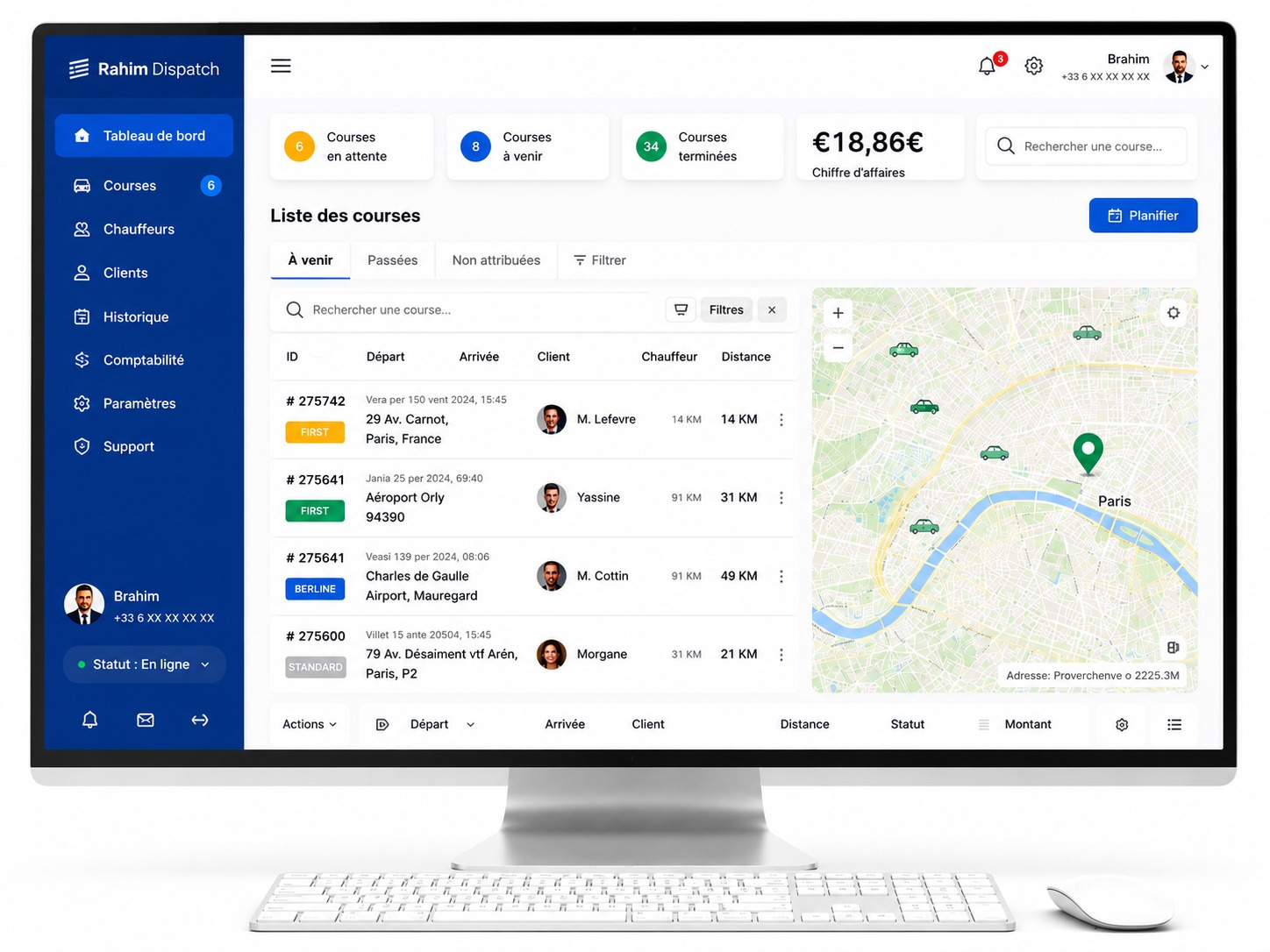 Interface du logiciel de gestion Taxi - VTC Driver Connect avec dispatch, courses et carte