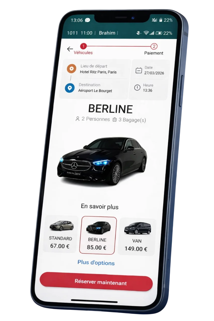 Formule application client Taxi - VTC illustrée par un écran de réservation mobile
