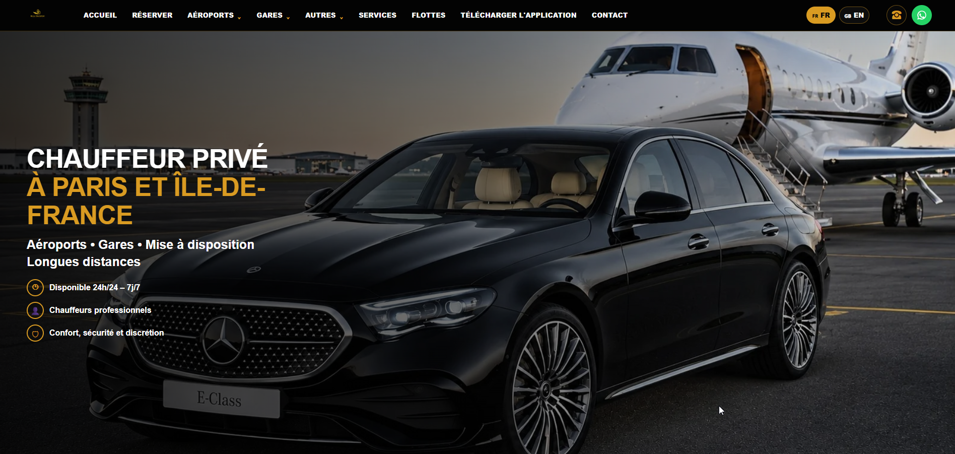 Formule site internet Taxi - VTC illustrée par une Mercedes Classe E devant un avion