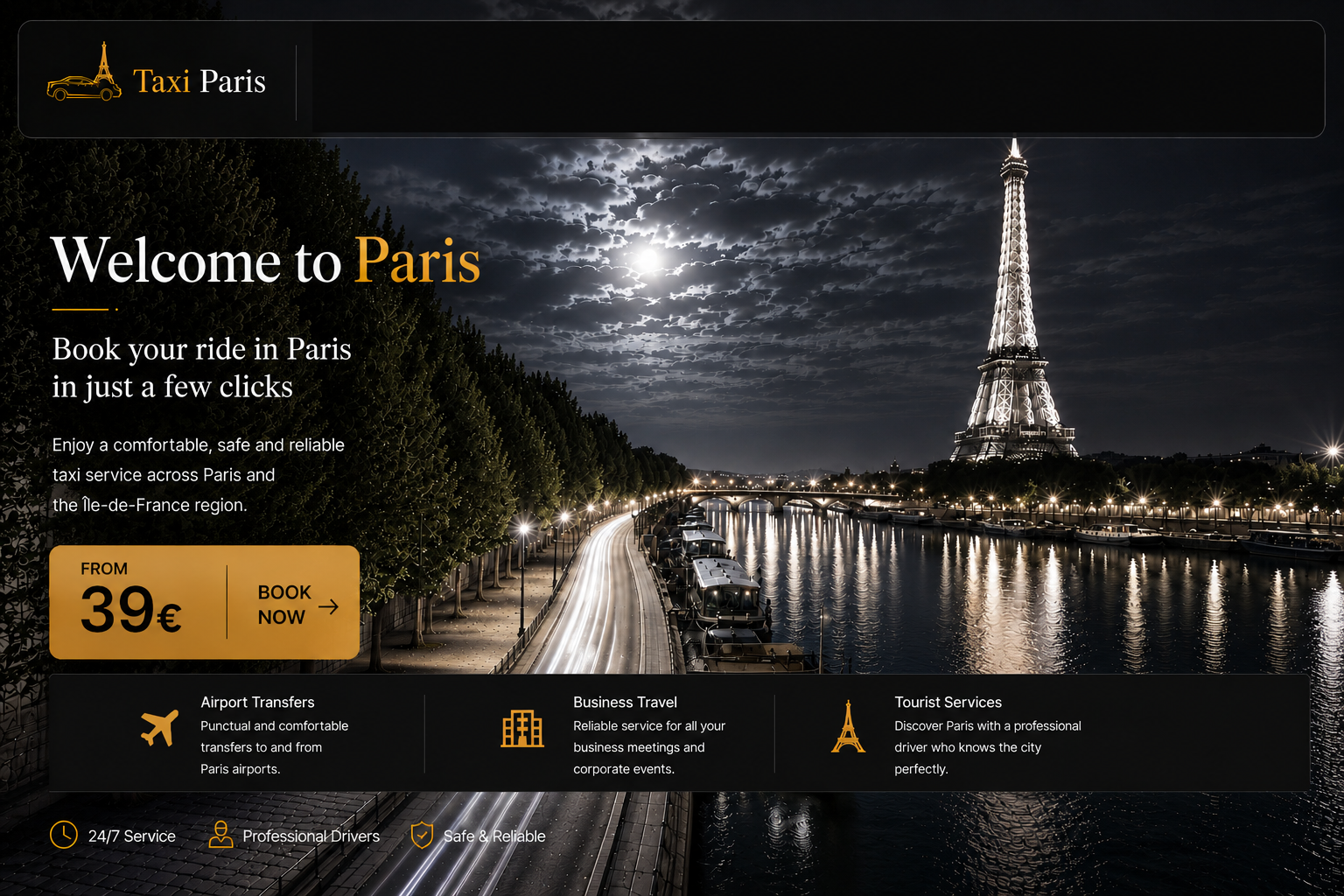 Exemple de site internet Taxi Paris design nuit avec réservation en ligne