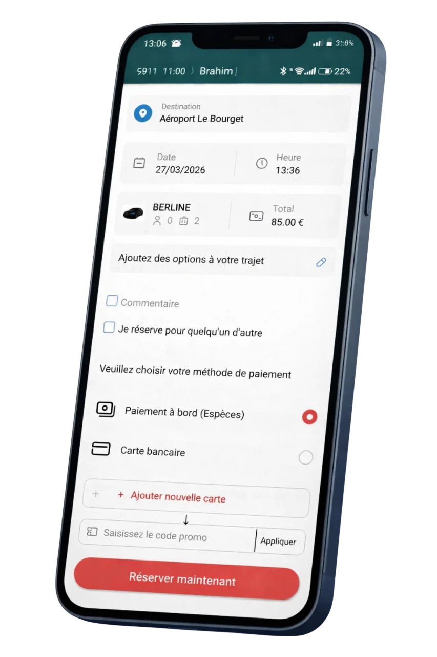 Choix du véhicule dans l’application client Taxi - VTC Driver Connect